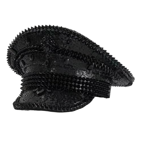 Glänzende Kapitänsmütze mit Strass-Pailletten for Damen und Herren, glänzende Militärmütze, geeignet als Party-, Festival-Kostüm, Bühnen-Performance-Accessoire, mehrere Farben erhältlich(Black2) von BIZTTLOG