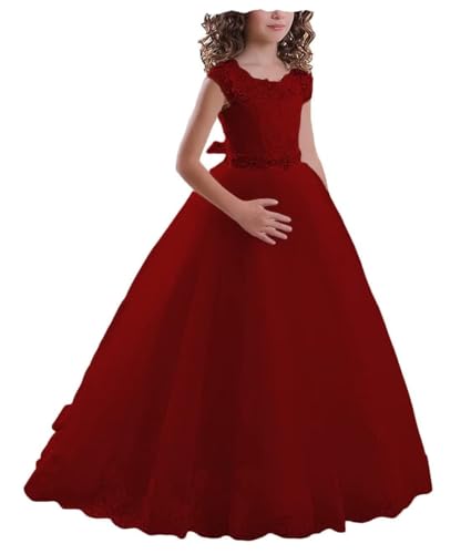 BJMAND Blumenmädchen Spitzenkleid Tüll Prinzessin Erstkommunion Festzug Kleider Bodenlanges Kleid Weihnachten Ballkleid (Burgunderrot, 2) von BJMAND