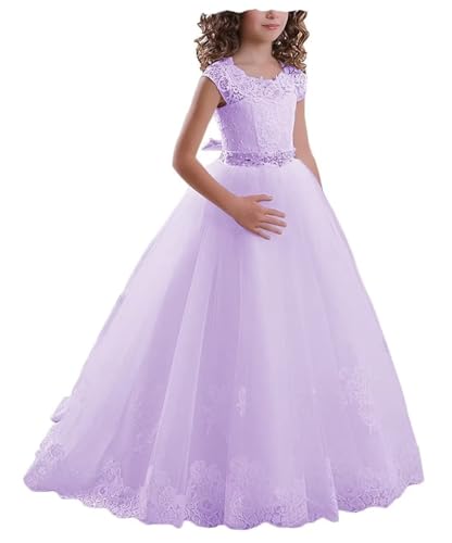 BJMAND Blumenmädchen Spitzenkleid Tüll Prinzessin Erstkommunion Festzug Kleider Bodenlanges Kleid Weihnachten Ballkleid (Lavendel, 6) von BJMAND