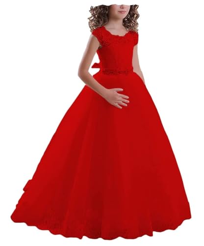 BJMAND Blumenmädchen Spitzenkleid Tüll Prinzessin Erstkommunion Festzug Kleider Bodenlanges Kleid Weihnachten Ballkleid (Rot, 2) von BJMAND