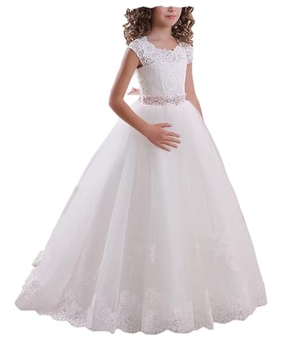 BJMAND Blumenmädchen Spitzenkleid Tüll Prinzessin Erstkommunion Festzug Kleider Bodenlanges Kleid Weihnachten Ballkleid (Weiß, 4) von BJMAND