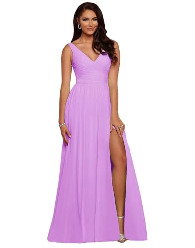BJMAND Damen Brautjungfernkleider mit V-Ausschnitt, plissiert, Chiffon, A-Linie, plissiert, lang, formell, Abendkleid, Ballkleid (Flieder, 30) von BJMAND
