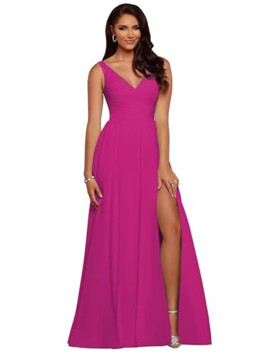 BJMAND Damen Brautjungfernkleider mit V-Ausschnitt, plissiert, Chiffon, A-Linie, plissiert, lang, formell, Abendkleid, Ballkleid (Hot Pink, 6) von BJMAND