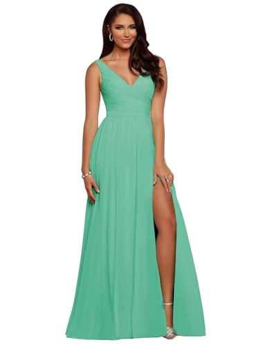 BJMAND Damen Brautjungfernkleider mit V-Ausschnitt, plissiert, Chiffon, A-Linie, plissiert, lang, formell, Abendkleid, Ballkleid (Jade, 28) von BJMAND