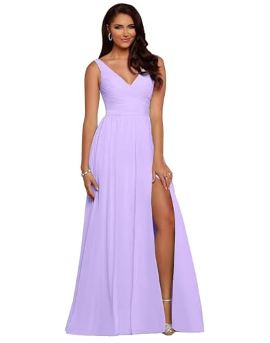 BJMAND Damen Brautjungfernkleider mit V-Ausschnitt, plissiert, Chiffon, A-Linie, plissiert, lang, formell, Abendkleid, Ballkleid (Lavendel, 10) von BJMAND