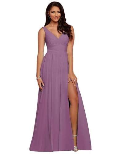 BJMAND Damen Brautjungfernkleider mit V-Ausschnitt, plissiert, Chiffon, A-Linie, plissiert, lang, formell, Abendkleid, Ballkleid (Mauve, 32) von BJMAND