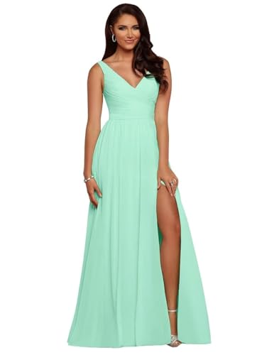 BJMAND Damen Brautjungfernkleider mit V-Ausschnitt, plissiert, Chiffon, A-Linie, plissiert, lang, formell, Abendkleid, Ballkleid (Minzgrün, 22) von BJMAND