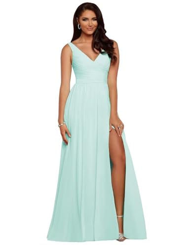 BJMAND Damen Brautjungfernkleider mit V-Ausschnitt, plissiert, Chiffon, A-Linie, plissiert, lang, formell, Abendkleid, Ballkleid (Nebel, 30) von BJMAND