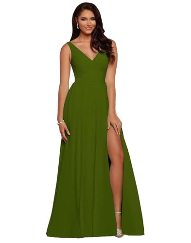 BJMAND Damen Brautjungfernkleider mit V-Ausschnitt, plissiert, Chiffon, A-Linie, plissiert, lang, formell, Abendkleid, Ballkleid (Olivgrün, 18) von BJMAND