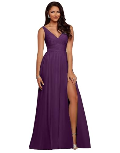 BJMAND Damen Brautjungfernkleider mit V-Ausschnitt, plissiert, Chiffon, A-Linie, plissiert, lang, formell, Abendkleid, Ballkleid (Pflaume, 22) von BJMAND