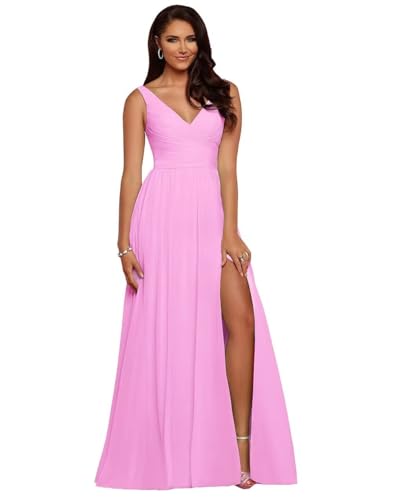 BJMAND Damen Brautjungfernkleider mit V-Ausschnitt, plissiert, Chiffon, A-Linie, plissiert, lang, formell, Abendkleid, Ballkleid (Rosa, 12) von BJMAND