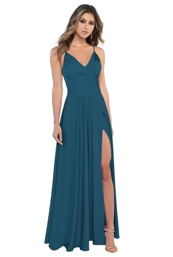 BJMAND Damen Spaghettiträger Satin Brautjungfernkleider mit Schlitz, V-Ausschnitt, lang, Satin, formelle Ballkleider (Blaugrün, 10) von BJMAND