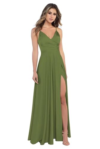 BJMAND Damen Spaghettiträger Satin Brautjungfernkleider mit Schlitz, V-Ausschnitt, lang, Satin, formelle Ballkleider (Olivgrün, 28) von BJMAND