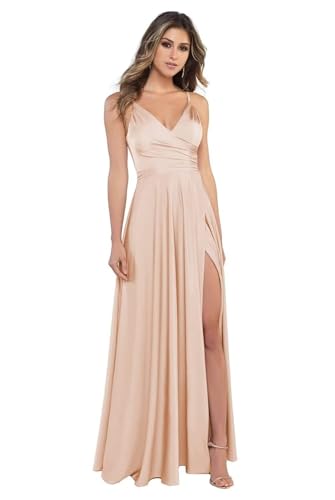 BJMAND Damen Spaghettiträger Satin Brautjungfernkleider mit Schlitz, V-Ausschnitt, lang, Satin, formelle Ballkleider (Roségold, 24) von BJMAND