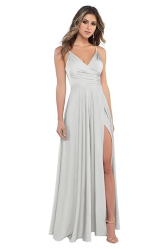 BJMAND Damen Spaghettiträger Satin Brautjungfernkleider mit Schlitz, V-Ausschnitt, lang, Satin, formelle Ballkleider (Silber, 22) von BJMAND