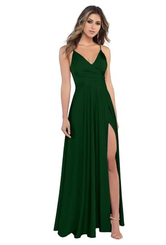 BJMAND Damen Spaghettiträger Satin Brautjungfernkleider mit Schlitz, V-Ausschnitt, langes Satin, formelle Ballkleider (Smaragdgrün, 28) von BJMAND