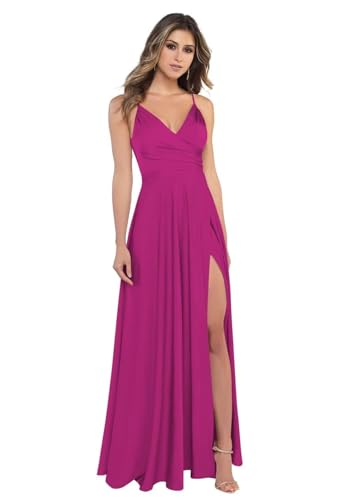 BJMAND Damen Spaghettiträger Satin Brautjungfernkleider mit Schlitz V Ausschnitt Lange Satin formelle Ballkleider (Fuchsia, 22) von BJMAND