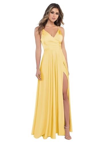 BJMAND Damen Spaghettiträger Satin Brautjungfernkleider mit Schlitz V Ausschnitt Lange Satin formelle Ballkleider (Gelb, 26) von BJMAND