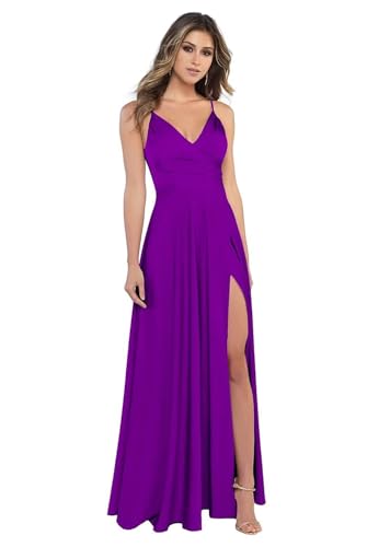 BJMAND Damen Spaghettiträger Satin Brautjungfernkleider mit Schlitz V Ausschnitt Lange Satin formelle Ballkleider (Grape, 30) von BJMAND