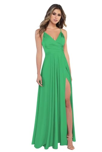 BJMAND Damen Spaghettiträger Satin Brautjungfernkleider mit Schlitz V Ausschnitt Lange Satin formelle Ballkleider (Grün, 14) von BJMAND