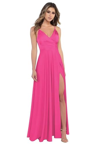 BJMAND Damen Spaghettiträger Satin Brautjungfernkleider mit Schlitz V Ausschnitt Lange Satin formelle Ballkleider (Hot Pink, 8) von BJMAND