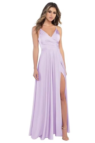 BJMAND Damen Spaghettiträger Satin Brautjungfernkleider mit Schlitz V Ausschnitt Lange Satin formelle Ballkleider (Lavendel, 32) von BJMAND