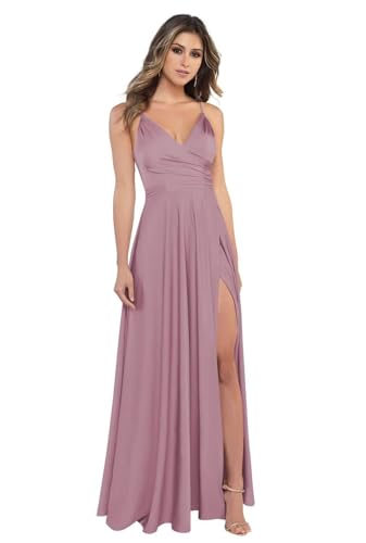 BJMAND Damen Spaghettiträger Satin Brautjungfernkleider mit Schlitz V Ausschnitt Lange Satin formelle Ballkleider (Mauve, 8) von BJMAND