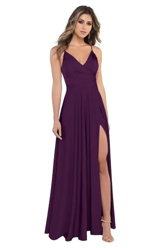 BJMAND Damen Spaghettiträger Satin Brautjungfernkleider mit Schlitz V Ausschnitt Lange Satin formelle Ballkleider (Pflaume, 10) von BJMAND
