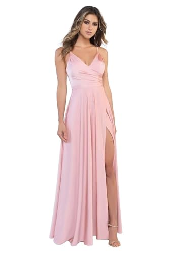 BJMAND Damen Spaghettiträger Satin Brautjungfernkleider mit Schlitz V Ausschnitt Lange Satin formelle Ballkleider (Rosa, 6) von BJMAND