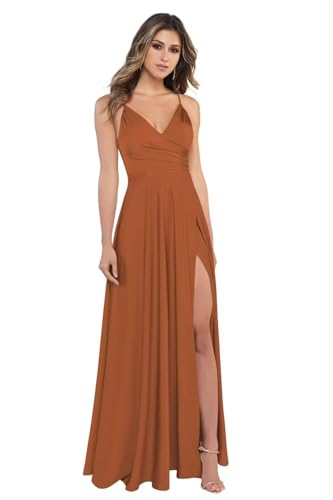 BJMAND Damen Spaghettiträger Satin Brautjungfernkleider mit Schlitz V Ausschnitt Lange Satin formelle Ballkleider (Rust, 26) von BJMAND