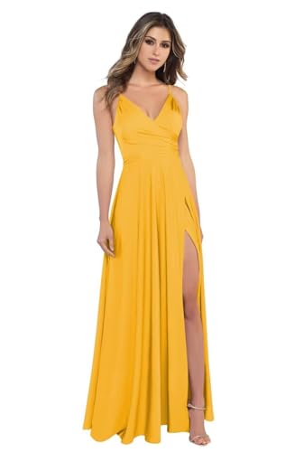 BJMAND Damen Spaghettiträger Satin Brautjungfernkleider mit Schlitz V Ausschnitt Lange Satin formelle Ballkleider (Senfgelb, 18) von BJMAND