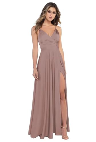 BJMAND Damen Spaghettiträger Satin Brautjungfernkleider mit Schlitz V Ausschnitt Lange Satin formelle Ballkleider (Taupe, 26) von BJMAND
