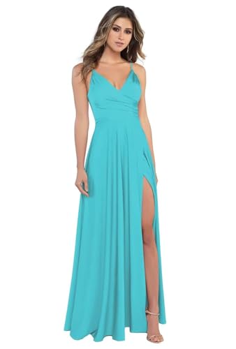 BJMAND Damen Spaghettiträger Satin Brautjungfernkleider mit Schlitz V Ausschnitt Lange Satin formelle Ballkleider (Türkis, 8) von BJMAND
