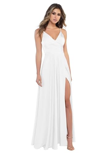 BJMAND Damen Spaghettiträger Satin Brautjungfernkleider mit Schlitz V Ausschnitt Lange Satin formelle Ballkleider (Weiß, 22) von BJMAND