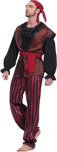 BJMAND Piratenkostüm für Herren und Erwachsene, gestreiftes Hemd, Hose, Stirnband und Gürtel, Set, Outfits, Fasching, Wikinger, Halloween (Winered, XXL) von BJMAND