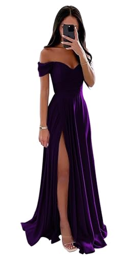 BJMAND Schulterfreies langes Abendkleid für Damen, Satin, gerüscht, formell, ausgestellt, mit Schlitz, für Ball, Traube, Größe 8 BJMAND Schulterfreies langes Abendkleid für Damen, Satin, gerüscht, formell, ausgestellt, mit Schlitz, für Ball, Traube, Größe 8 von BJMAND