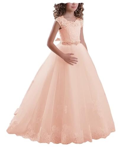 Blumenmädchen Spitzenkleid Tüll Prinzessin Erstkommunion Festzug Kleider Bodenlanges Kleid Weihnachten Ballkleid (Blush, 2) von BJMAND