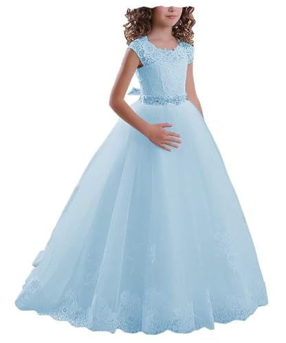 Blumenmädchen Spitzenkleid Tüll Prinzessin Erstkommunion Festzug Kleider Bodenlanges Kleid Weihnachten Ballkleid (Himmelblau, 2) von BJMAND