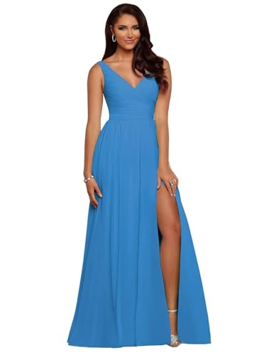 Damen Brautjungfernkleider mit V-Ausschnitt, plissiert, Chiffon, A-Linie, plissiert, lang, formell, Abendkleid, Ballkleid (Malibu Blau, 14) von BJMAND