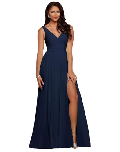 Damen Brautjungfernkleider mit V-Ausschnitt, plissiert, Chiffon, A-Linie, plissiert, lang, formell, Abendkleid, Ballkleid (Marineblau, 16) von BJMAND
