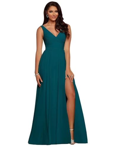 Damen Brautjungfernkleider mit V-Ausschnitt, plissiert, Chiffon, A-Linie, plissiert, lang, formell, Abendkleid, Ballkleid (Pfauenblau, 30) von BJMAND