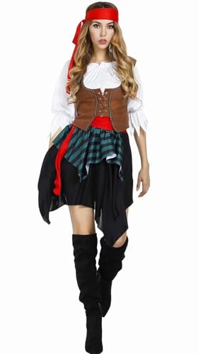 Piratenkostüm für Damen, Halloween, Erwachsene, Piratenkleid, Rock, Freibeuter, lustig, Cosplay, Party, Braun, Größe XL Piratenkostüm für Damen, Halloween, Erwachsene, Piratenkleid, Rock, Freibeuter, lustig, Cosplay, Party, Braun, Größe XL von BJMAND