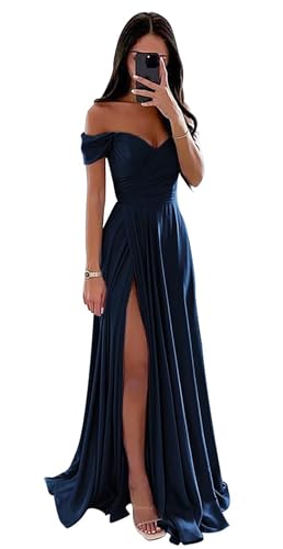 Schulterfreies Ballkleid für Damen, Satin, gerüscht, lang, formelle Abendkleider, A-Linie, Schlitz, Ballkleid (Marineblau, 26) von BJMAND