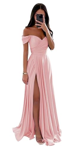 Schulterfreies langes Abendkleid für Damen, Satin, gerüscht, formell, ausgestellt, Schlitz, Hellrosa, Größe 6 Schulterfreies langes Abendkleid für Damen, Satin, gerüscht, formell, ausgestellt, Schlitz, Hellrosa, Größe 6 von BJMAND