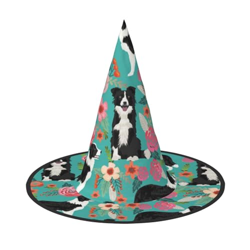 BJNGHKLN Border Collie Blumendruck Halloween Hexenhut für Frauen Party Hut für Halloween Festlichkeiten Cosplay Kostüm Ensemble von BJNGHKLN