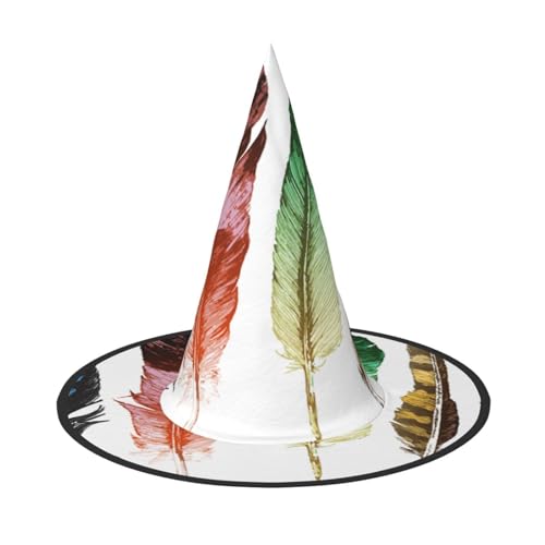 BJNGHKLN Bunte, handgezeichnete Federn auf weißem Druck, Halloween-Hexenhut für Damen, Partyhut für Halloween, Feste, Cosplay, Kostüm-Ensemble BJNGHKLN Bunte, handgezeichnete Federn auf weißem Druck, Halloween-Hexenhut für Damen, Partyhut für Halloween, Feste, Cosplay, Kostüm-Ensemble von BJNGHKLN