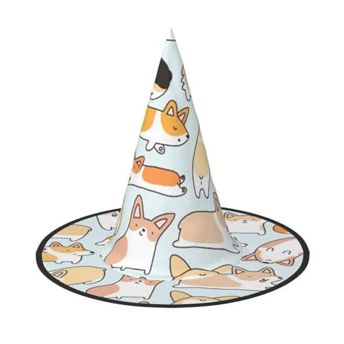 BJNGHKLN Corgi Muster Druck Halloween Hexenhut für Frauen Party Hut für Halloween Festlichkeiten Cosplay Kostüm Ensemble von BJNGHKLN