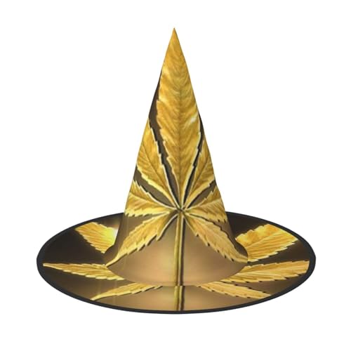 BJNGHKLN Goldener Cannabis-Druck, Halloween-Hexenhut für Frauen, Partyhut für Halloween, Feste, Cosplay, Kostüm, Ensemble BJNGHKLN Goldener Cannabis-Druck, Halloween-Hexenhut für Frauen, Partyhut für Halloween, Feste, Cosplay, Kostüm, Ensemble von BJNGHKLN