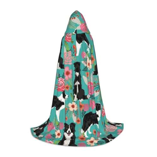 BJNGHKLN Halloween Bodenlanger Kapuzenumhang Border Collie Blumendruck langer Kapuzenumhang für Teenager von BJNGHKLN