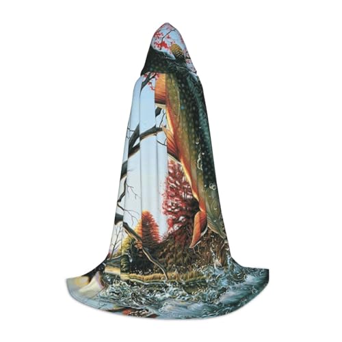 BJNGHKLN Halloween Bodenlanger Kapuzenumhang mit Saflor-Motiv fliegender Fisch-Druck, langer Kapuzenumhang für Teenager von BJNGHKLN